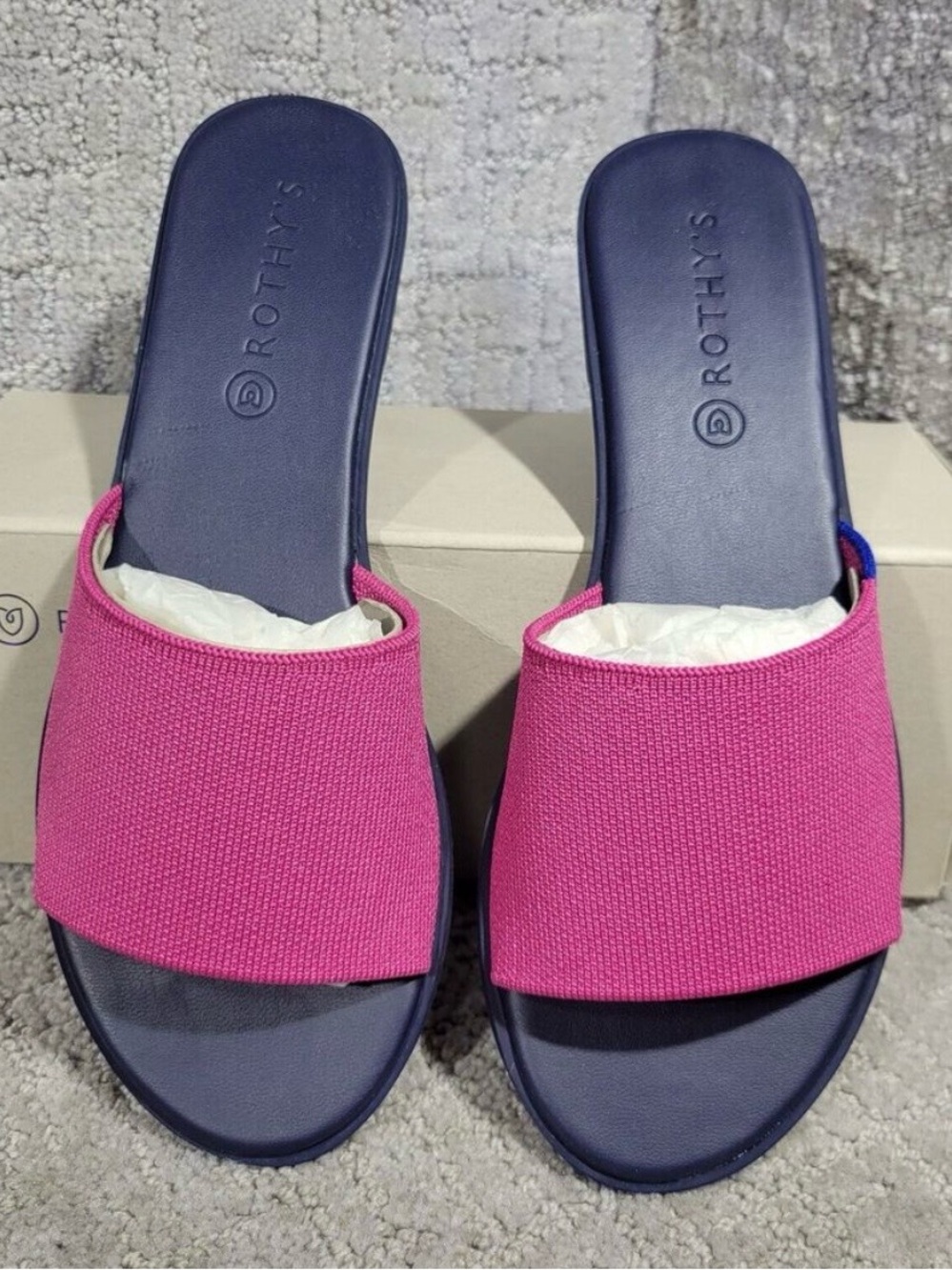Rothy's Pink Knit Slide Sandals with Navy Footbed